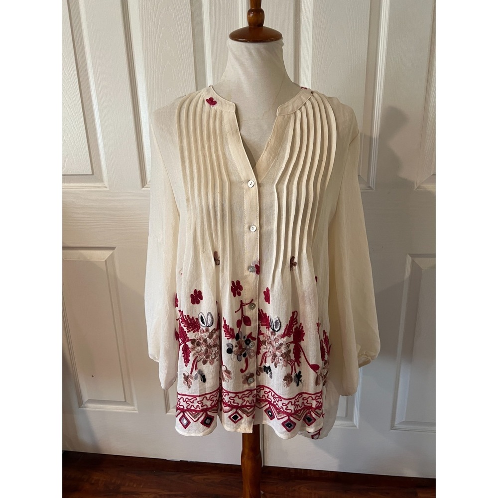 Figueroa and Flower Womens Cream‎ Boho Embroidered Top Blouse Shirt Plus Size XL